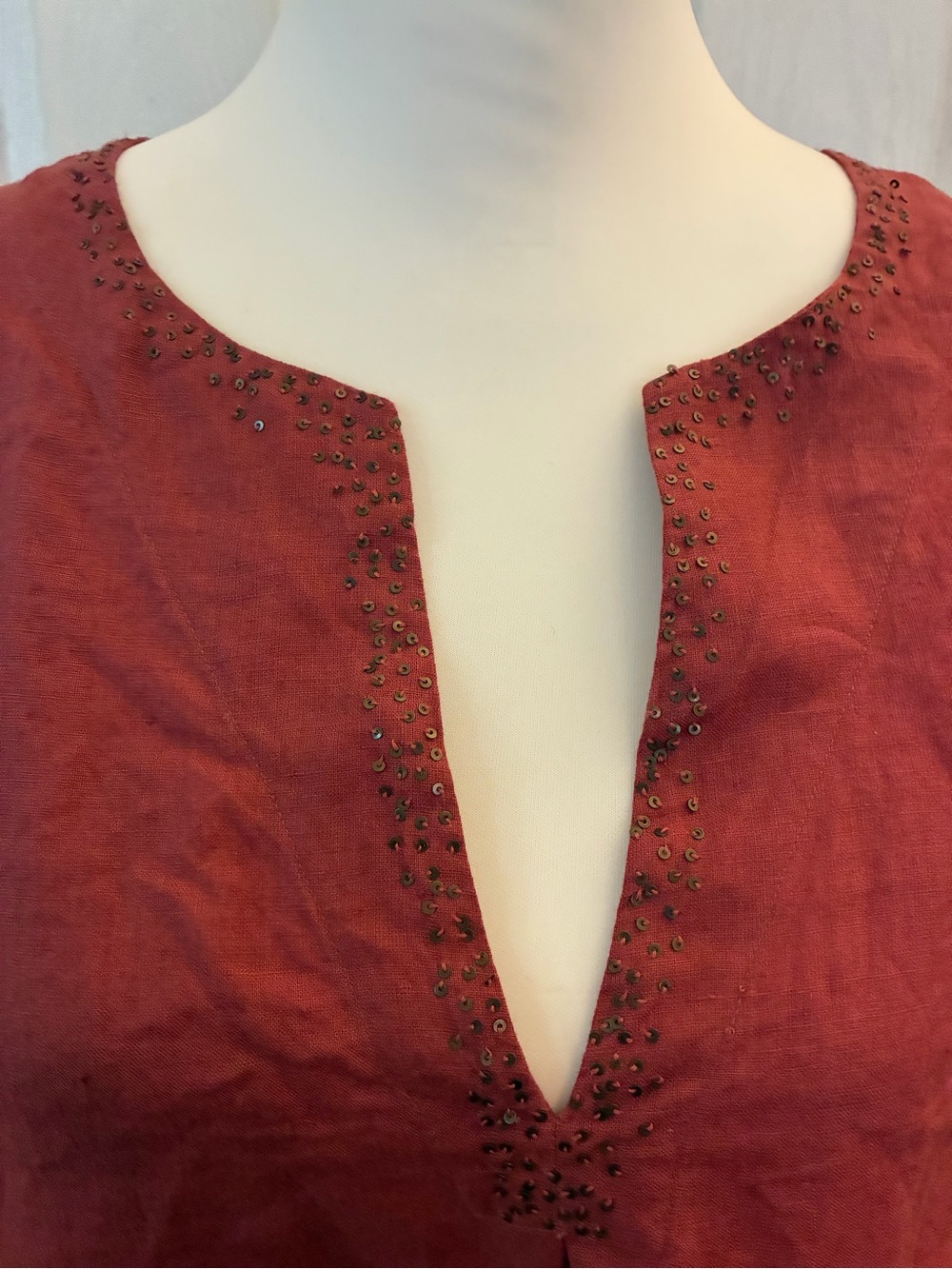 NWT Eileen Fisher Sequin Split Neck Irish Linen Tunic Top Terracotta XL - Picture 2 of 8